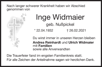 Traueranzeige von Inge Widmaier von Neue Presse Coburg