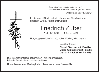 Traueranzeige von Friedrich Zuber von Frankenpost