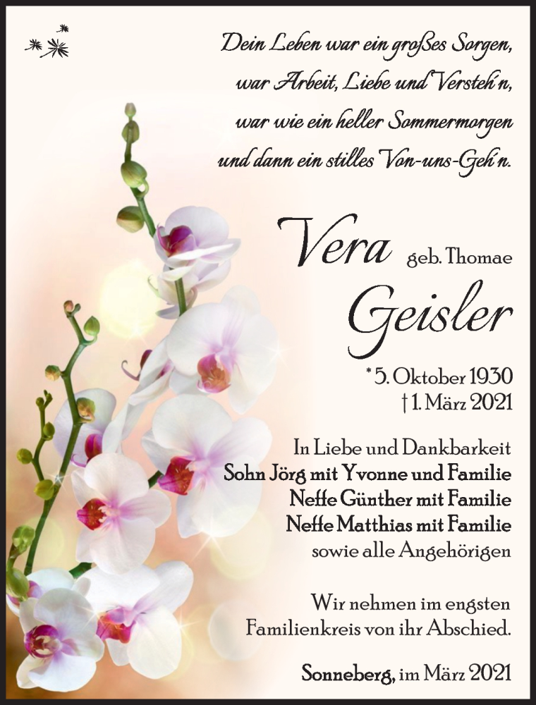  Traueranzeige für Vera Geisler vom 06.03.2021 aus Südthüringer Presse