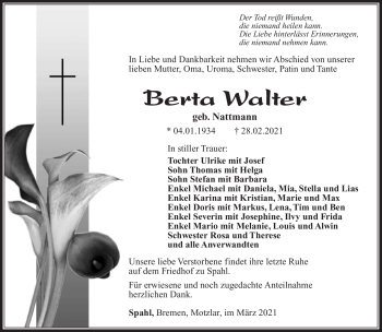 Traueranzeige von Berta Walter von Südthüringer Presse