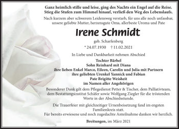 Traueranzeige von Irene Schmidt von Südthüringer Presse