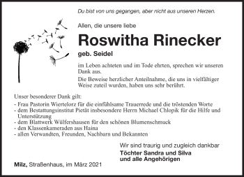 Traueranzeige von Roswitha Rinecker von Südthüringer Presse