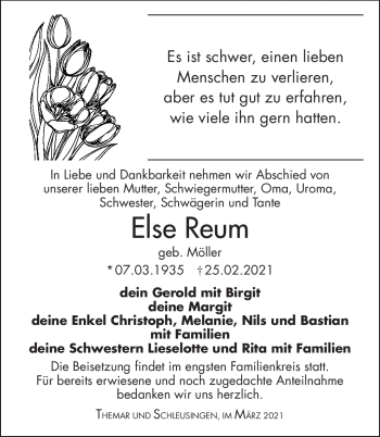 Traueranzeige von Else Reum von Südthüringer Presse