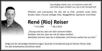 Traueranzeige von Rene Reiser von Frankenpost