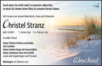 Traueranzeige von Christel Stranz von Südthüringer Presse
