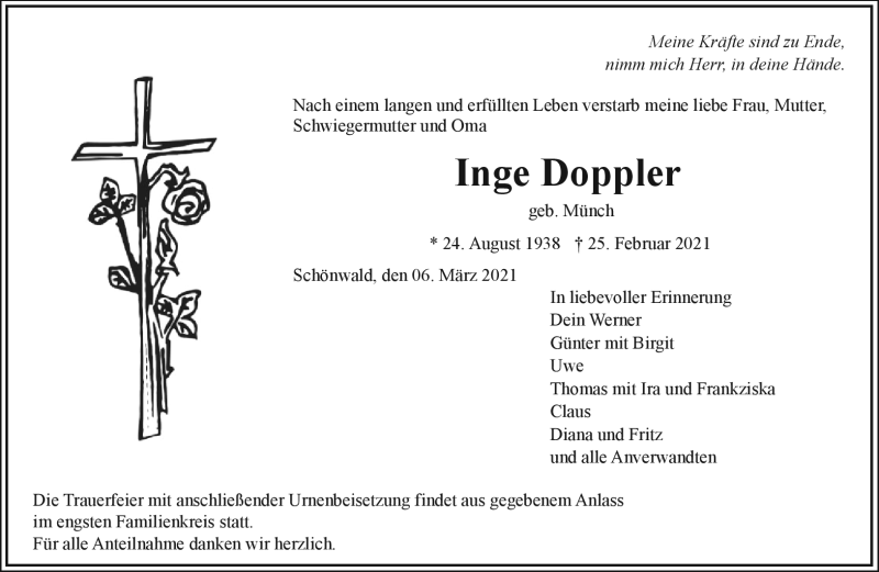  Traueranzeige für Inge Doppler vom 06.03.2021 aus Frankenpost