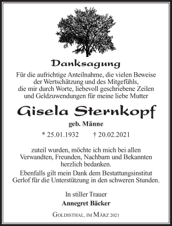 Traueranzeige von Gisela Sternkopf von Südthüringer Presse