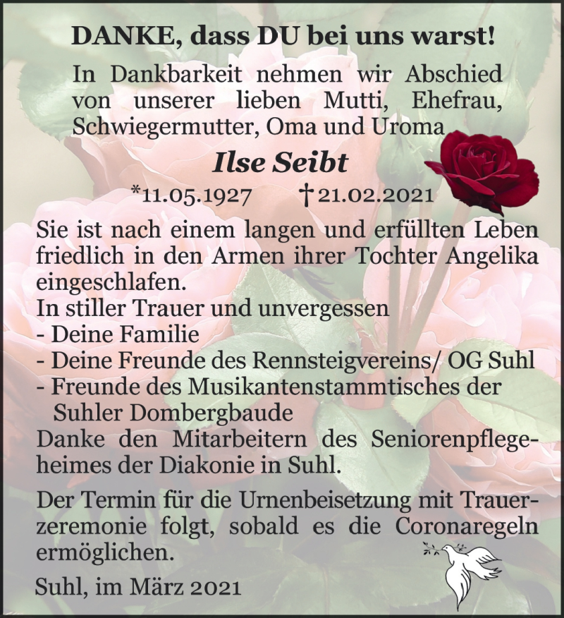  Traueranzeige für Ilse Seibt vom 06.03.2021 aus Südthüringer Presse