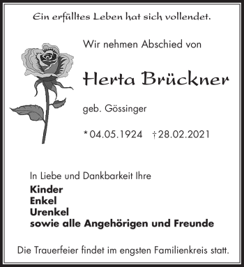 Traueranzeige von Herta Brückner von Südthüringer Presse