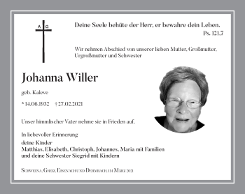 Traueranzeige von Johanna Willer von Südthüringer Presse