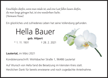 Traueranzeige von Hella Bauer von Neue Presse Coburg