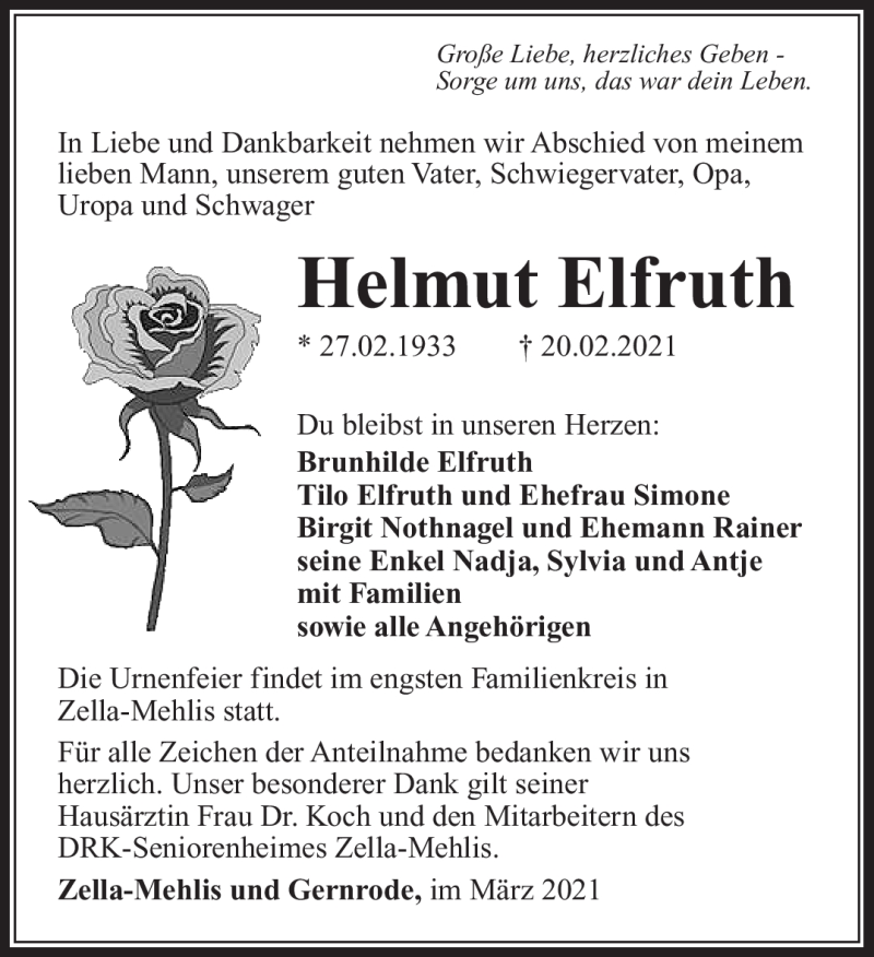  Traueranzeige für Helmut Elfruth vom 20.03.2021 aus Südthüringer Presse