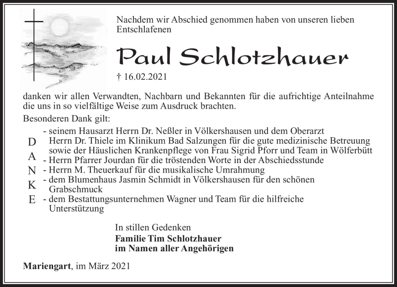  Traueranzeige für Paul Schlotzhauer vom 20.03.2021 aus Südthüringer Presse