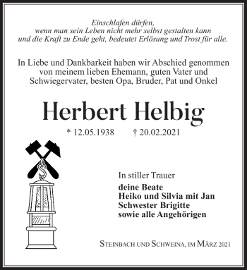 Traueranzeige von Herbert Helbig von Südthüringer Presse