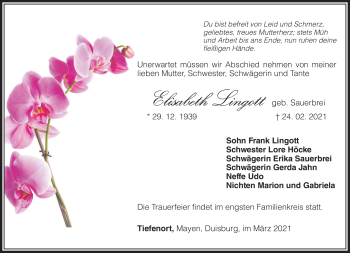 Traueranzeige von Elisabeth Lingott von Südthüringer Presse