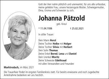 Traueranzeige von Johanna Pätzold von Neue Presse Coburg