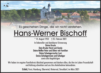 Traueranzeige von Hans-Werner Bischoff von Südthüringer Presse