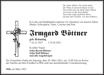 Traueranzeige von Irmgard Böttner von Südthüringer Presse
