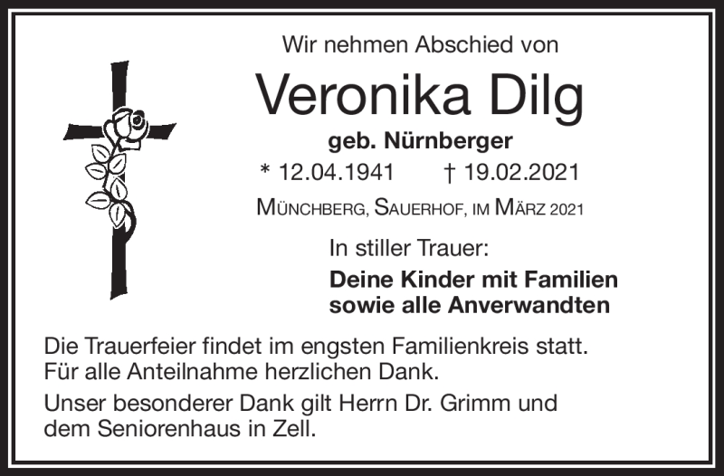  Traueranzeige für Veronika Dilg vom 10.03.2021 aus Frankenpost