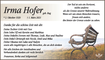 Traueranzeige von Irma Hofer von Südthüringer Presse