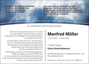 Traueranzeige von Manfred Müller von Südthüringer Presse