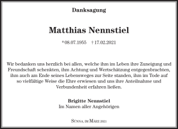 Traueranzeige von Matthais Nennstiel von Südthüringer Presse