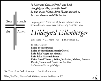 Traueranzeige von Hildegard Ellenberger von Südthüringer Presse