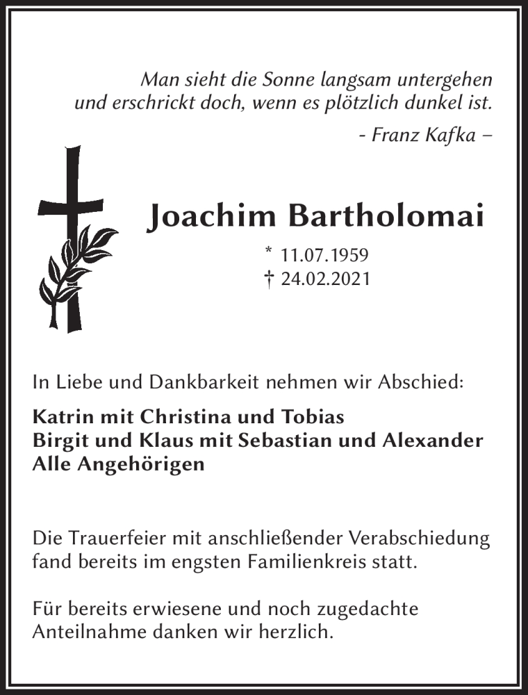  Traueranzeige für Joachim Bartholomai vom 06.03.2021 aus Frankenpost