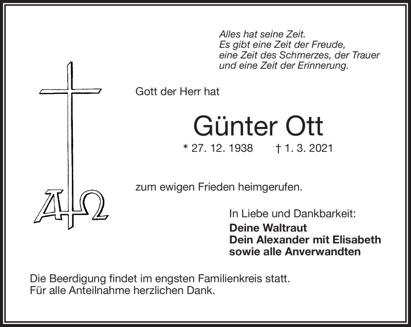  Traueranzeige für Günter Ott vom 06.03.2021 aus Frankenpost