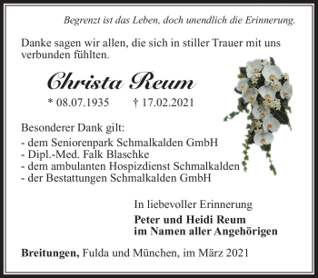Traueranzeige von Christa Reum von Südthüringer Presse