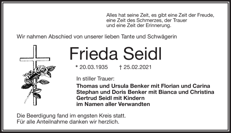  Traueranzeige für Frieda Seidl vom 06.03.2021 aus Frankenpost