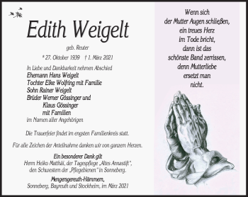 Traueranzeige von Edith Weigelt von Südthüringer Presse