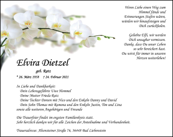 Traueranzeige von Elvira Dietzel von Südthüringer Presse