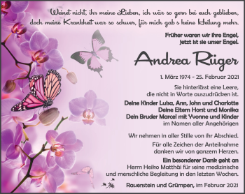 Traueranzeige von Andrea Rüger von Südthüringer Presse