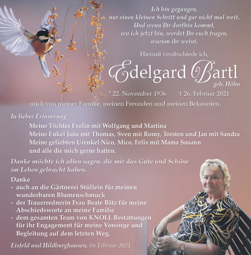  Traueranzeige für Edelgard Bartl vom 13.03.2021 aus Südthüringer Presse