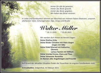 Traueranzeige von Walter Möller von Südthüringer Presse