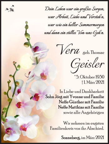 Traueranzeige von Vera Geisler von Südthüringer Presse
