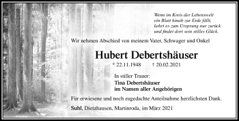 Traueranzeige von Hubert Debertshäuser von Südthüringer Presse