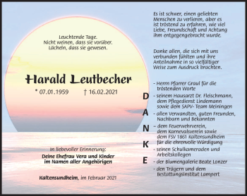 Traueranzeige von Harald Leutbecher von Südthüringer Presse