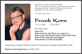 Traueranzeige von Frank Korn von Südthüringer Presse