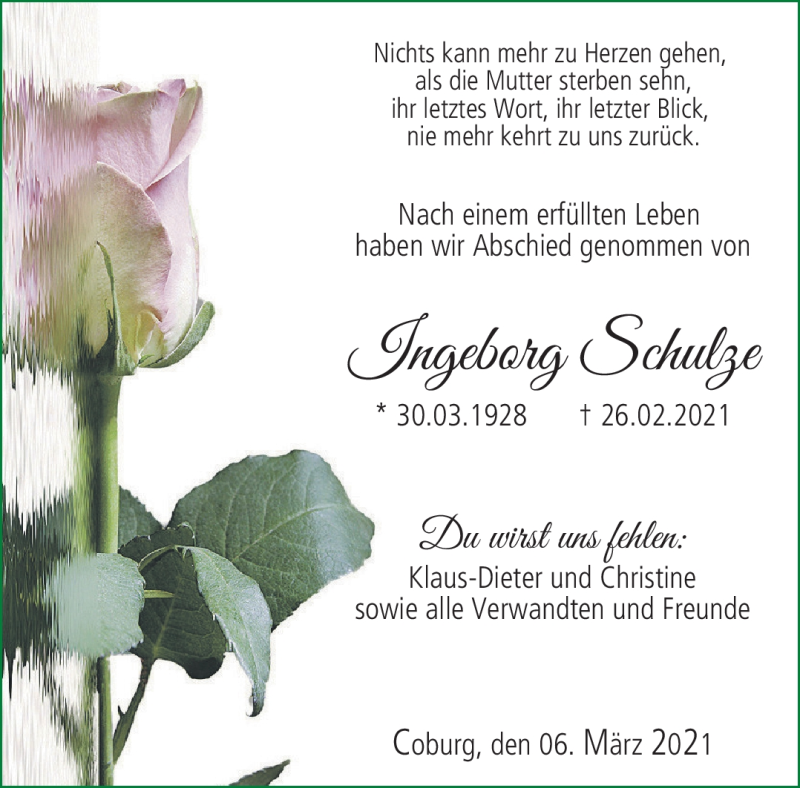  Traueranzeige für Ingeborg Schulze vom 06.03.2021 aus Neue Presse Coburg