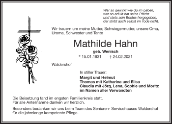 Traueranzeige von Mathilde Hahn von Frankenpost