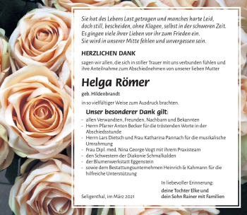 Traueranzeige von Helga Römer von Südthüringer Presse