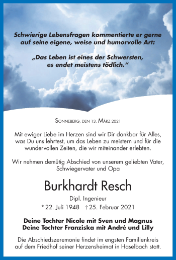 Traueranzeige von Burkhardt Resch von Neue Presse Coburg