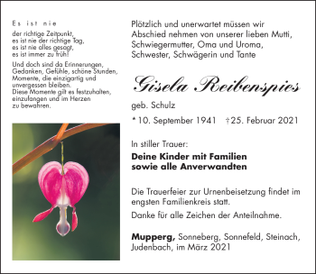 Traueranzeige von Gisela Reibenspies von Südthüringer Presse