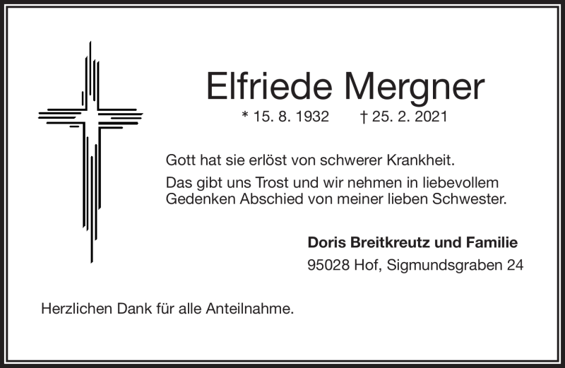  Traueranzeige für Elfriede Mergner vom 04.03.2021 aus Frankenpost