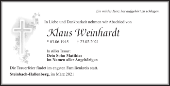Traueranzeige von Klaus Weinhardt von Südthüringer Presse