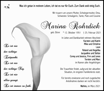 Traueranzeige von Marina Rohrdiek von Südthüringer Presse