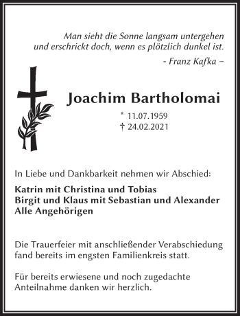 Traueranzeige von Joachim Bartholomai von Frankenpost