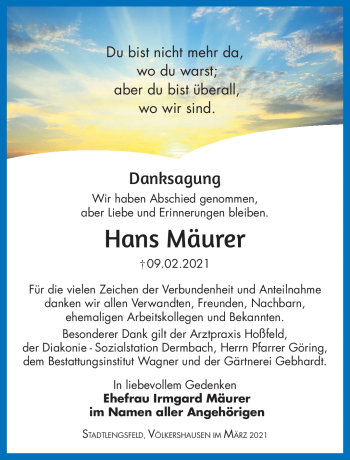 Traueranzeige von Hans Mäurer von Südthüringer Presse